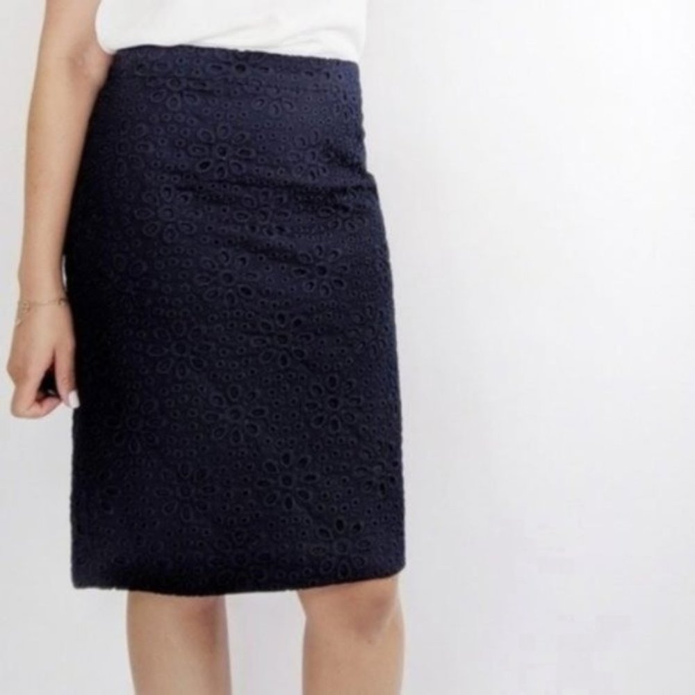 J. Crew No. 2 Pencil Navy Floral Eyelet Business Casual Midi Skirt Size 2
